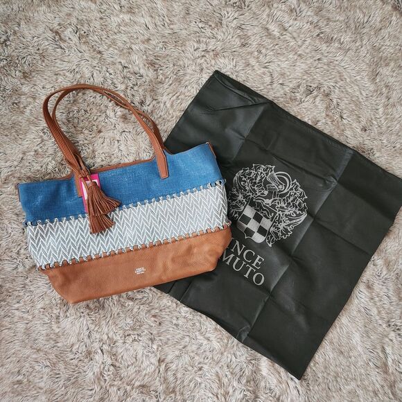 Vince Camuto Edena Tote Blue and Brown Leather and Denim Colorblocked Bag - Picture 1 of 16